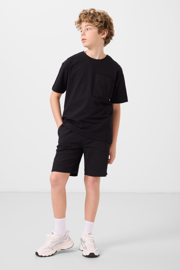 Siyah Pamuklu Oversize Fit Dokuma Hafif Esnek Chino Erkek Çocuk Şort Takım - 11278