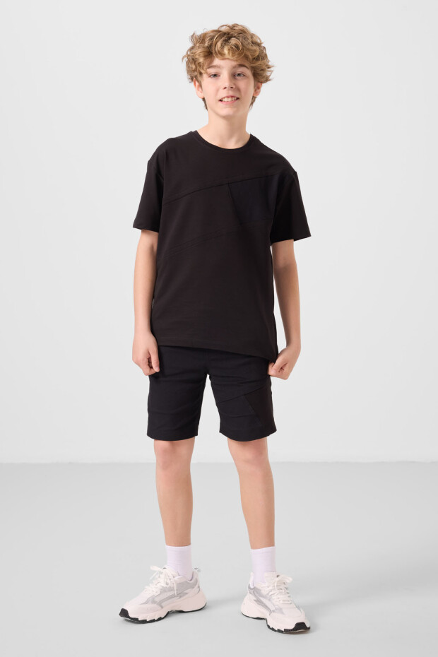 Siyah Pamuklu Oversize Fit Dokuma Hafif Esnek Chino Erkek Çocuk Şort Takım - 11275
