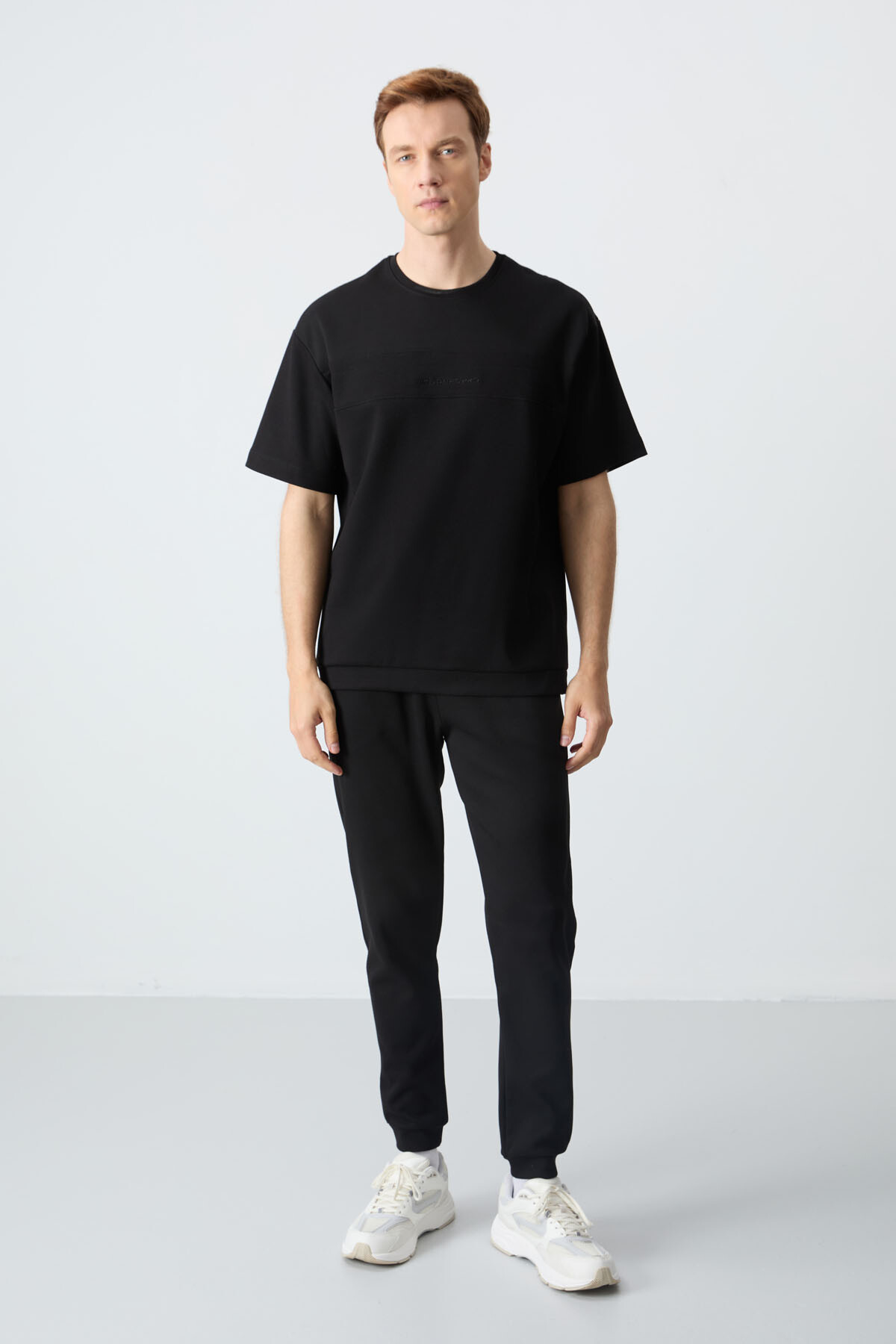 Siyah Pamuklu Kalın Yumuşak Dokulu Oversize Fit Basic Erkek Eşofman Takım - 85261 - Air Jones