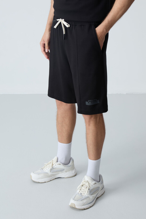 Siyah Pamuklu Kalın Yumuşak Dokulu Oversize Fit Basic Erkek Şort Takım - 85259 - 6
