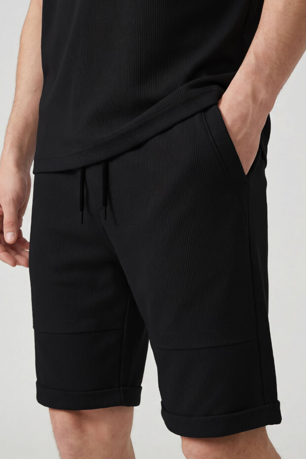 Siyah Oversize Fit Yumuşak Dokulu Basic Erkek Şort Takım - 85274 - 2