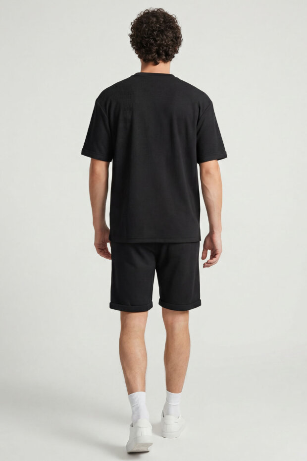 Siyah Oversize Fit Yumuşak Dokulu Basic Erkek Şort Takım - 85274 - 4