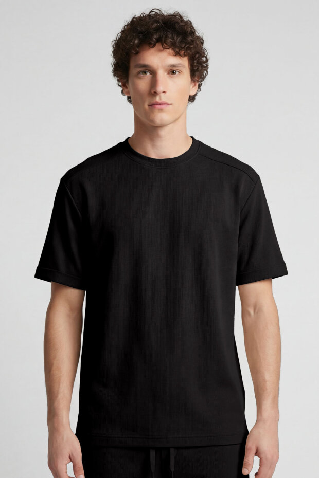 Siyah Oversize Fit Yumuşak Dokulu Basic Erkek Şort Takım - 85274 - 3