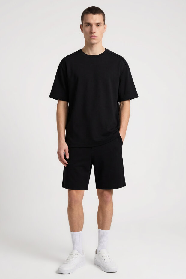 Siyah Oversize Fit Basic Erkek Şort Takım - 85292 - 1