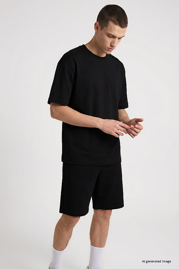 Siyah Oversize Fit Basic Erkek Şort Takım - 85292 - 4