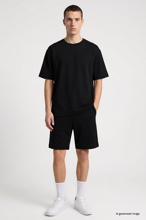 Siyah Oversize Fit Basic Erkek Şort Takım - 85292 - 1