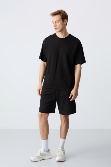 Siyah Pamuklu Kalın Yumuşak Dokulu Oversize Fit Basic Erkek Şort Takım - 85257 