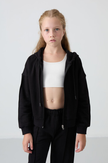 Siyah Pamuklu İçi Tüylü Yumuşak Dokulu Standart Fit Nakışlı Kız Çocuk Eşofman Takım - 75161 - TOMMYLIFE (1)