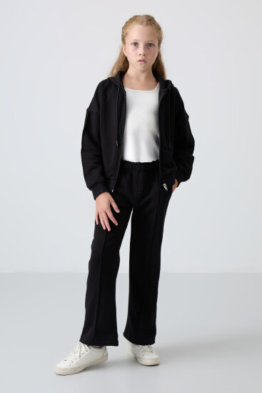 Siyah Pamuklu İçi Tüylü Yumuşak Dokulu Standart Fit Nakışlı Kız Çocuk Eşofman Takım - 75161 