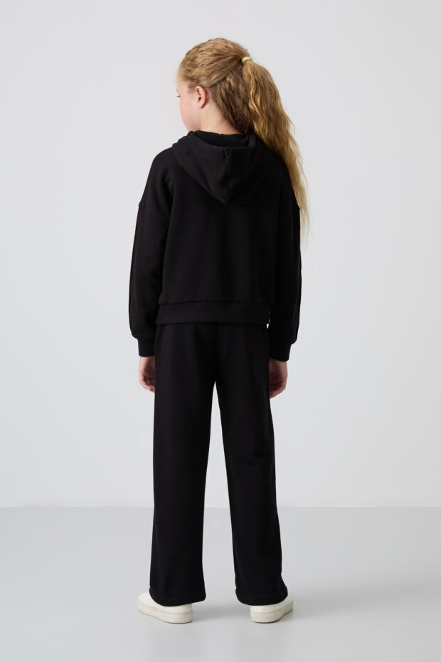 Siyah Pamuklu İçi Tüylü Yumuşak Dokulu Standart Fit Nakışlı Kız Çocuk Eşofman Takım - 75161 - 6