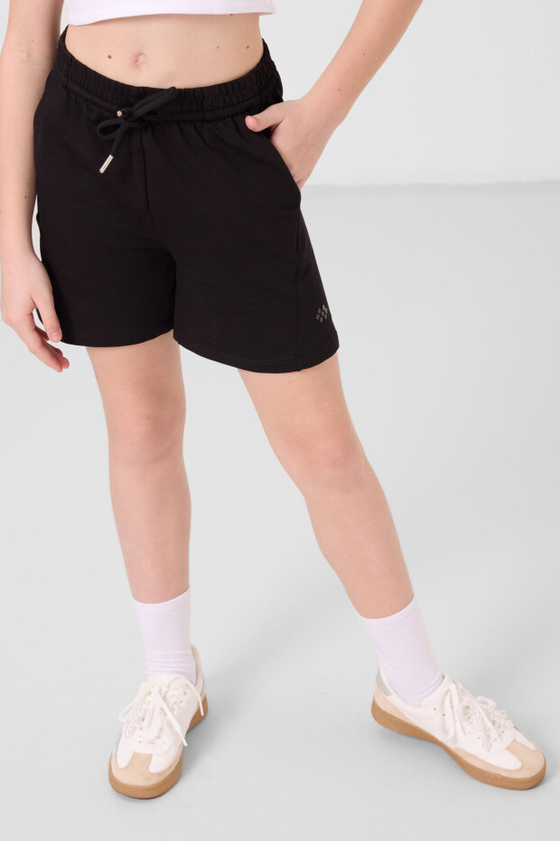 Siyah Pamuklu Yumuşak Dokulu Standart Fit Basic Kız Çocuk Şort Takım - 75184