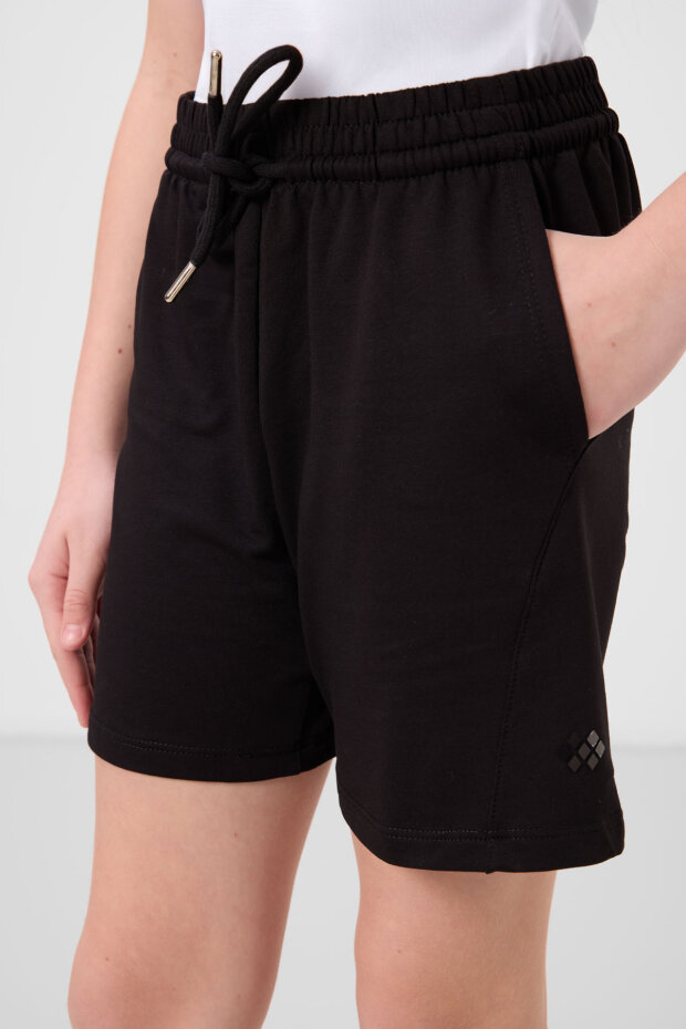 Siyah Pamuklu Yumuşak Dokulu Standart Fit Basic Kız Çocuk Şort Takım - 75184 - 4