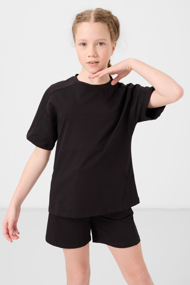 Siyah Pamuklu Yumuşak Dokulu Standart Fit Basic Kız Çocuk Şort Takım - 75184 - 3