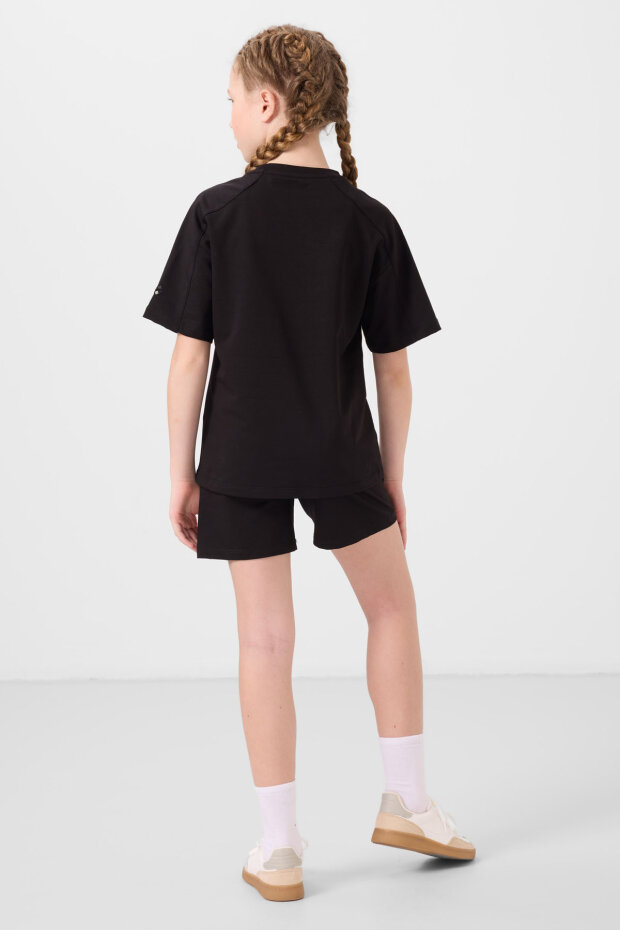 Siyah Pamuklu Yumuşak Dokulu Standart Fit Basic Kız Çocuk Şort Takım - 75184 - 6