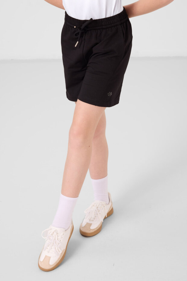 Siyah Pamuklu Yumuşak Dokulu Standart Fit Basic Kız Çocuk Şort Takım - 75184 - 5