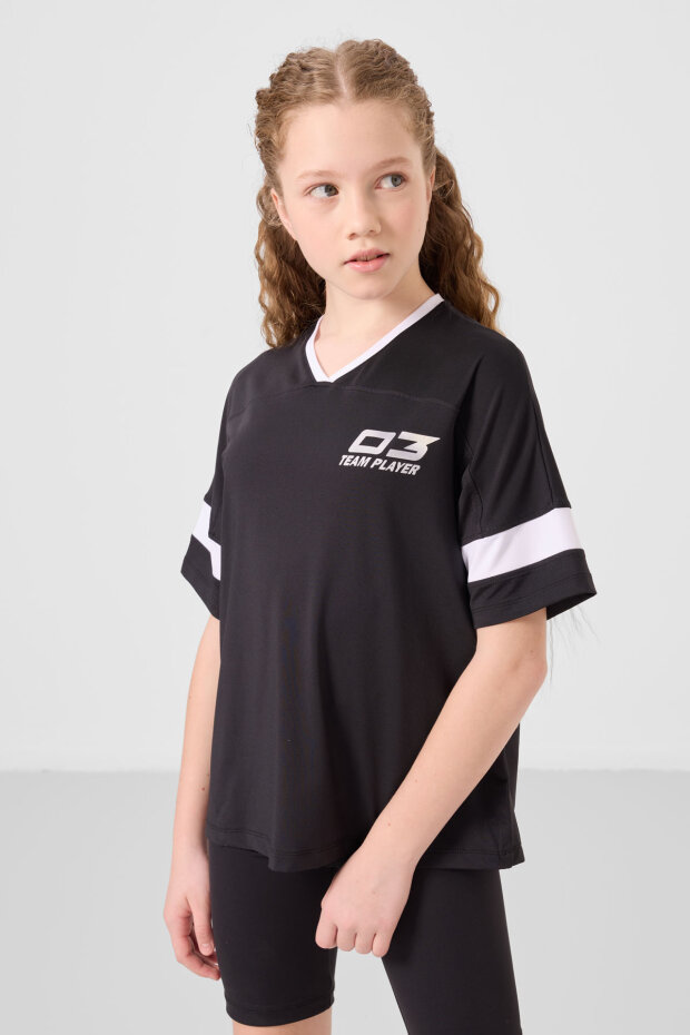 Siyah V Yaka Kemer Detaylı Standart Fit Performans Kız Çocuk Tayt Takım - 75187 - 4