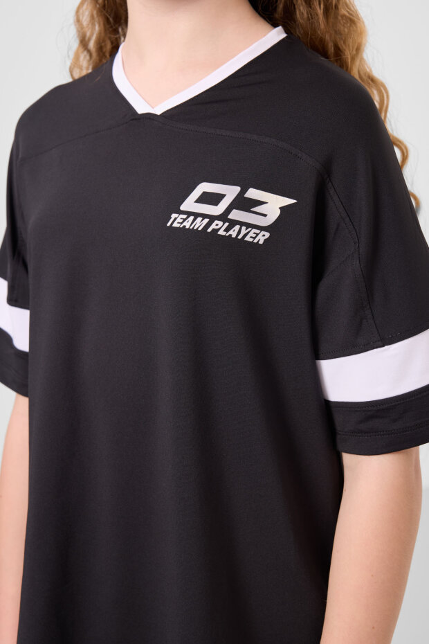 Siyah V Yaka Kemer Detaylı Standart Fit Performans Kız Çocuk Tayt Takım - 75187 - 5