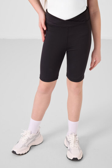 Siyah V Yaka Kemer Detaylı Standart Fit Performans Kız Çocuk Tayt Takım - 75187 - TOMMYLIFE (1)