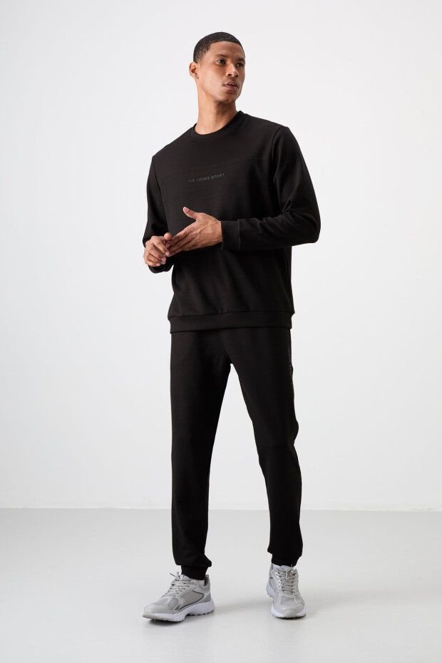 Siyah - Siyah Pamuklu Kalın Yumuşak Dokulu Comfort Fit Baskılı Erkek Eşofman Takım - 85253 - 9