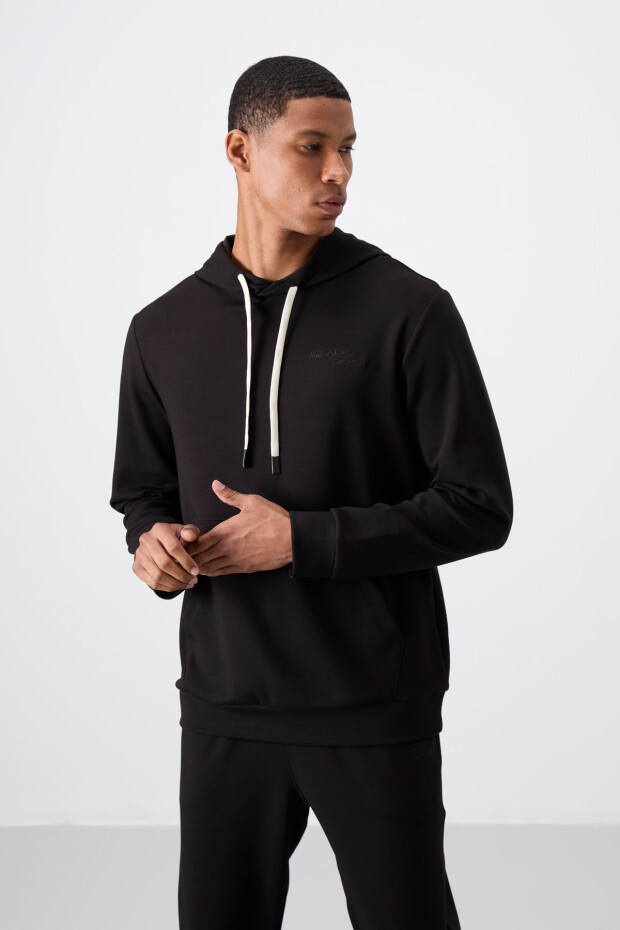 Siyah - Siyah Pamuklu Kalın Yumuşak Dokulu Comfort Fit Nakışlı Erkek Eşofman Takım - 85255 - 5