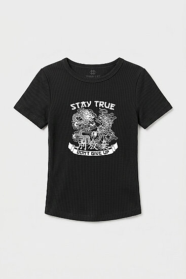 Siyah Standart Fit Baskılı Kısa Kollu Kadın T-Shirt - 97201 