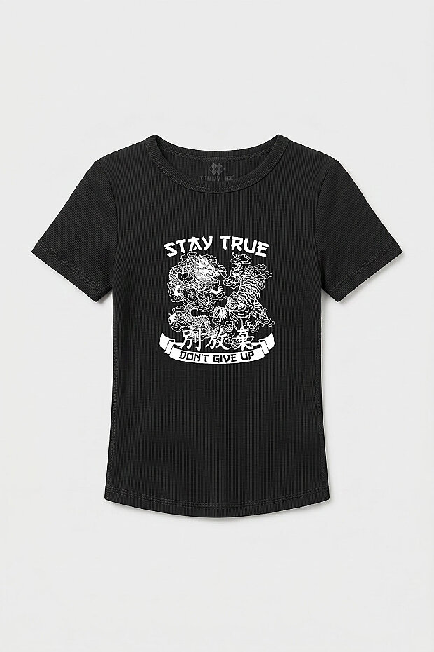 Siyah Standart Fit Baskılı Kısa Kollu Kadın T-Shirt - 97201 - 1