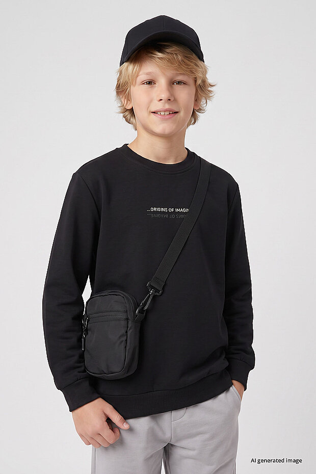 Siyah Standart Fit Baskılı O Yaka Erkek Çocuk Sweatshirt - 11322 - 1