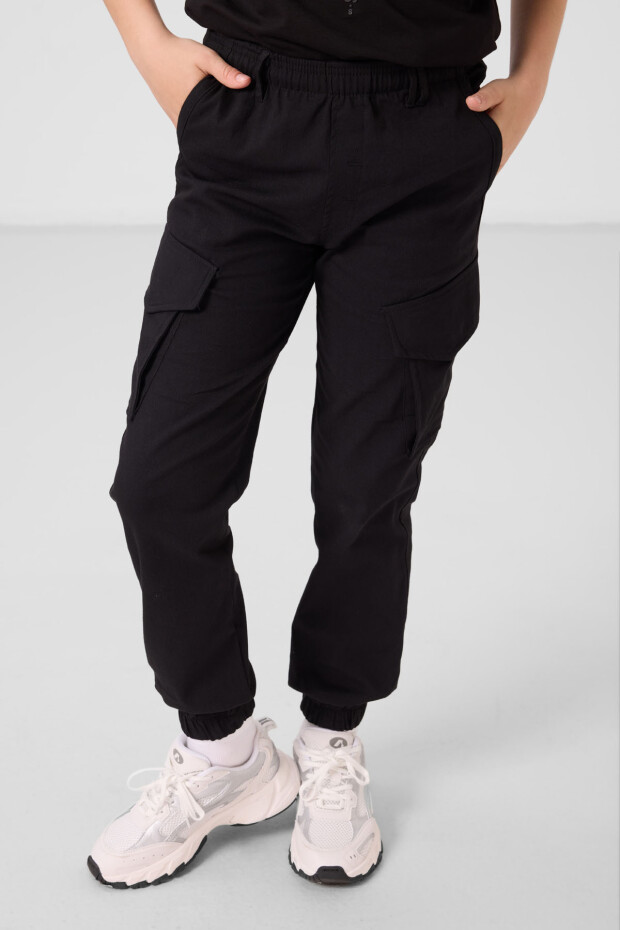Siyah Standart Fit Dokuma Hafif Esnek Chino Erkek Çocuk Pantolon - 11271 - 2