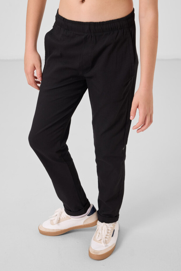 Siyah Standart Fit Dokuma Hafif Esnek Chino Erkek Çocuk Pantolon - 11272 - 3