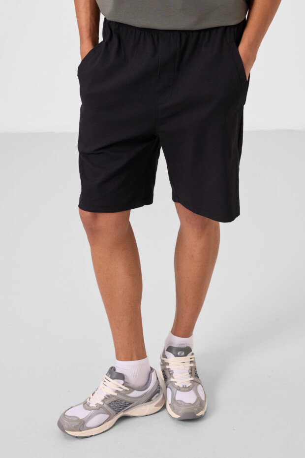 Siyah Standart Fit Dokuma Hafif Esnek Chino Erkek Şort - 81292 - 2