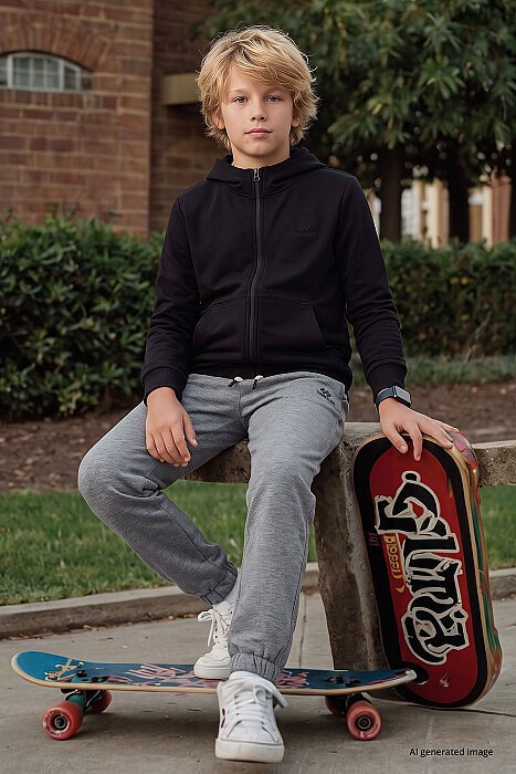 Siyah Standart Kalıp Basic Erkek Çocuk Sweatshirt - 11336 