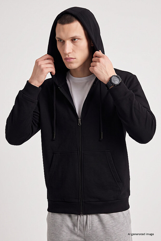 Siyah Standart Kalıp Basic Fermuarlı Erkek Sweatshirt - 88514 - 3
