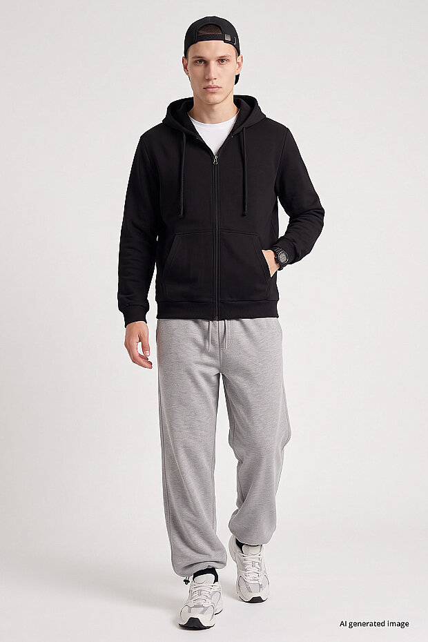 Siyah Standart Kalıp Basic Fermuarlı Erkek Sweatshirt - 88514 - 1