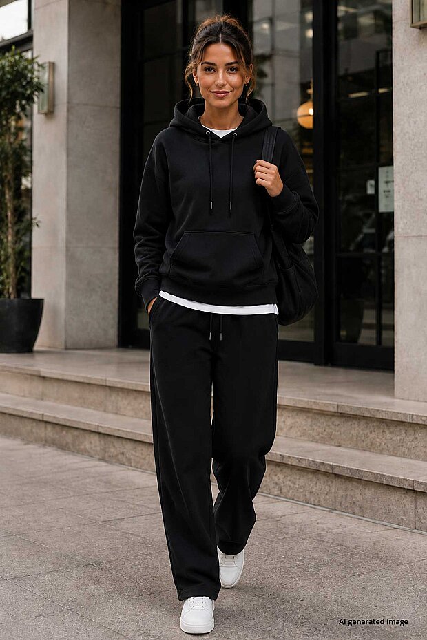 Siyah Standart Kapüşonlu Kanguru Cepli Basic Kadın Sweatshirt - 97321 - 1