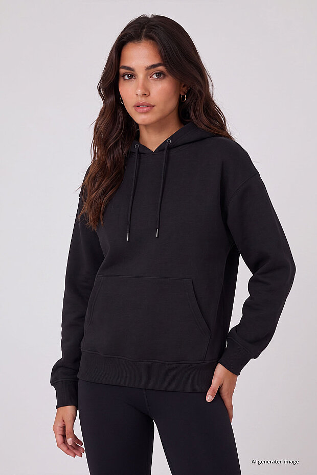Siyah Standart Kapüşonlu Kanguru Cepli Basic Kadın Sweatshirt - 97321 - 2