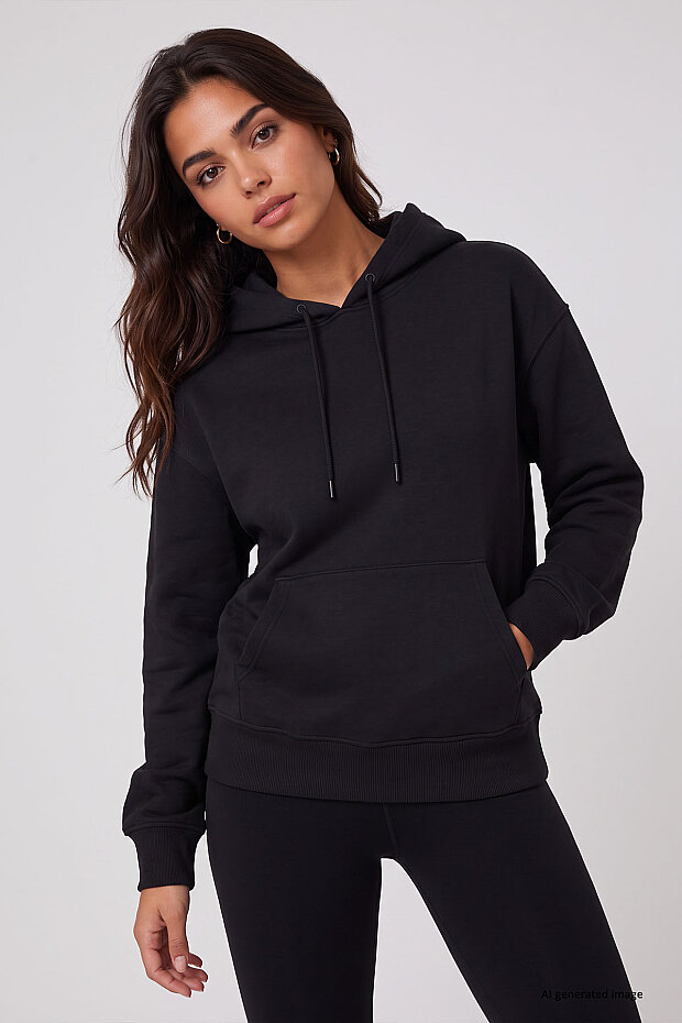 Siyah Standart Kapüşonlu Kanguru Cepli Basic Kadın Sweatshirt - 97321 - 5