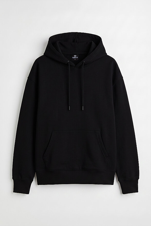Siyah Standart Kapüşonlu Kanguru Cepli Basic Kadın Sweatshirt - 97321 - 3