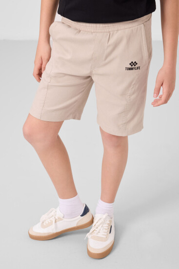 Siyah-Taş Pamuklu Oversize Fit Dokuma Hafif Esnek Chino Erkek Çocuk Şort Takım - 11276 - Thumbnail