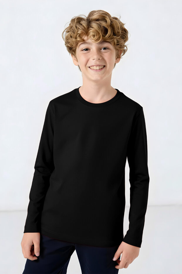 Siyah O Yaka Standart Fit Basic Uzun Kollu Unisex Çocuk T-Shirt - 11329 - 2