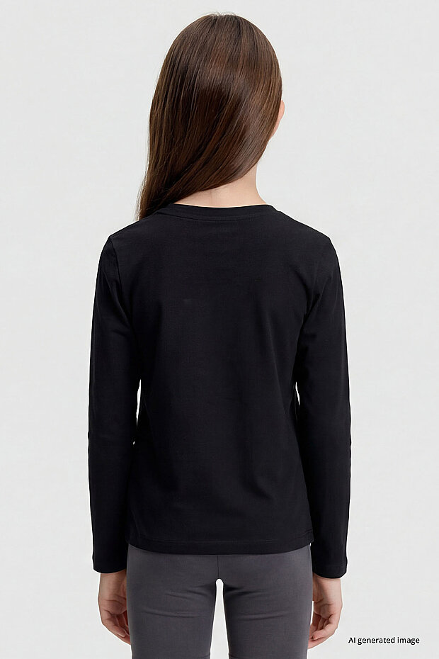 Siyah O Yaka Standart Fit Basic Uzun Kollu Unisex Çocuk T-Shirt - 11329 - 5