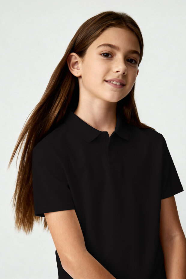 Siyah Polo Yaka Standart Fit Basic Unisex Çocuk T-Shirt - 11330 - 2