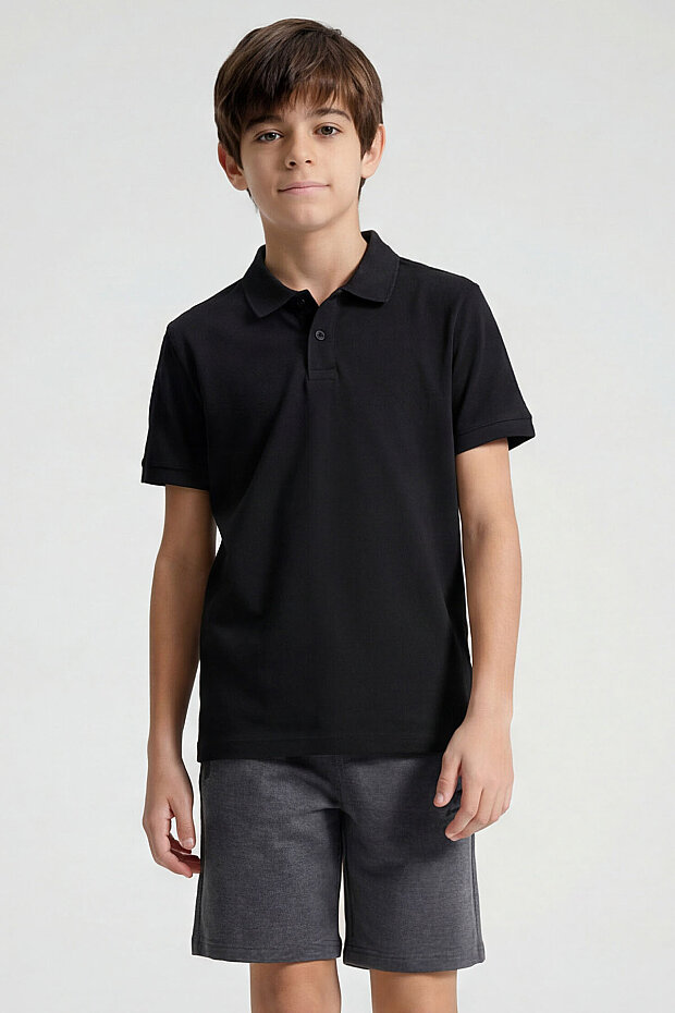 Siyah Polo Yaka Standart Fit Basic Unisex Çocuk T-Shirt - 11330 - 1