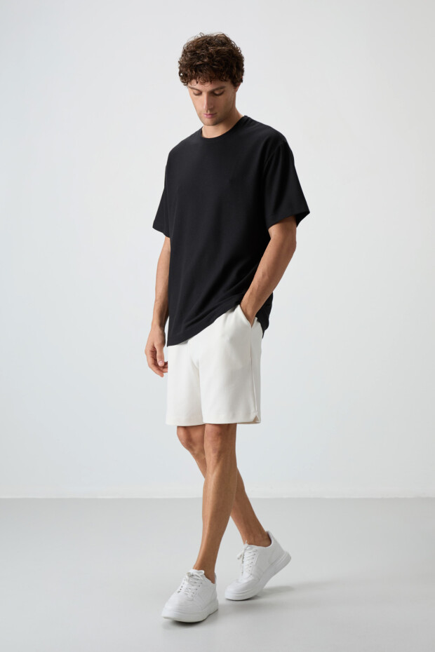 Siyah Waffle İnterlok Yüzeyi Dokulu Oversize Fit Basic Erkek T-Shirt - 88379 - 3