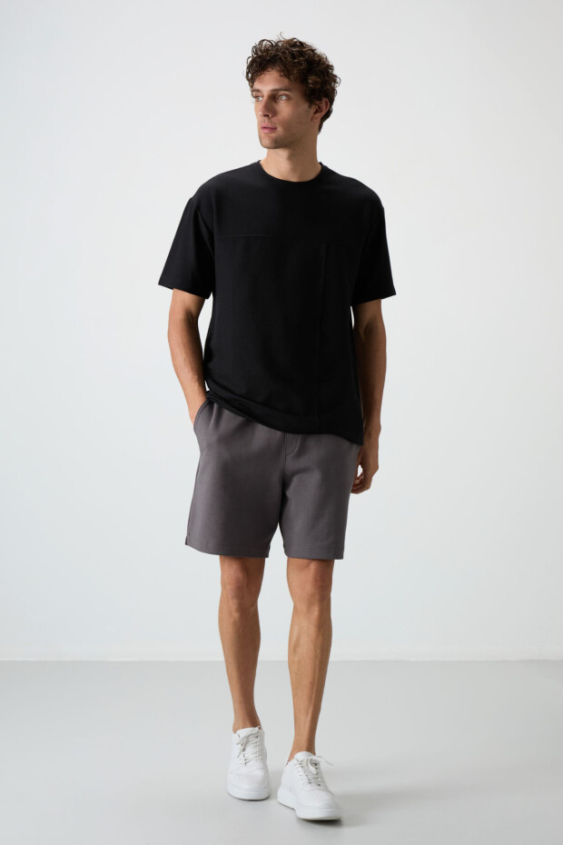 Siyah Waffle İnterlok Yüzeyi Dokulu Oversize Fit Basic Erkek T-Shirt - 88380 - 3
