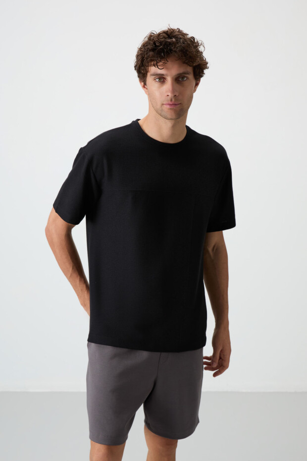 Siyah Waffle İnterlok Yüzeyi Dokulu Oversize Fit Basic Erkek T-Shirt - 88380 - 2