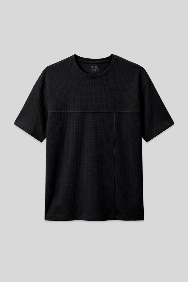 Siyah Waffle İnterlok Yüzeyi Dokulu Oversize Fit Basic Erkek T-Shirt - 88380 - 1