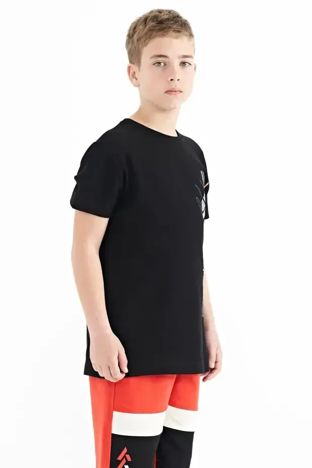Siyah Yazı Baskılı O Yaka Standart Kalıp Erkek Çocuk T-Shirt - 11119 - 5