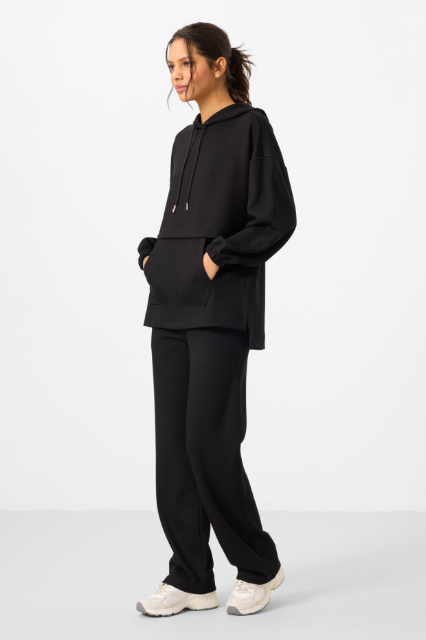 Siyah Yumuşak Dokulu Kapüşonlu Oversize Kadın Eşofman Tunik Takım - 95348 - 5