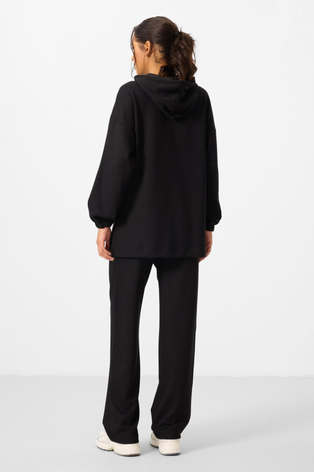 Siyah Yumuşak Dokulu Kapüşonlu Oversize Kadın Eşofman Tunik Takım - 95348 - 7