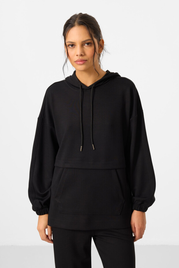 Siyah Yumuşak Dokulu Kapüşonlu Oversize Kadın Eşofman Tunik Takım - 95348 - 3